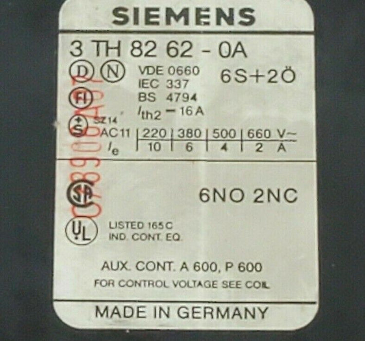 SIEMENS 3TH82620A CONTACTOR 6NO 2NC, 3TH82 62, 110V 50/60HZ