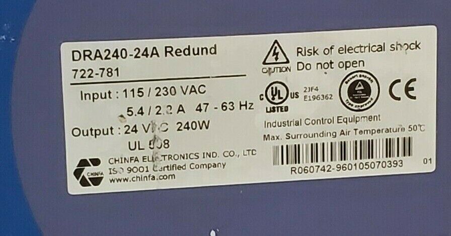 LUTZE DRA240-24A POWER SUPPLY 24VDC 240W 10AMP OUTPUT 722-781 DRA24024A