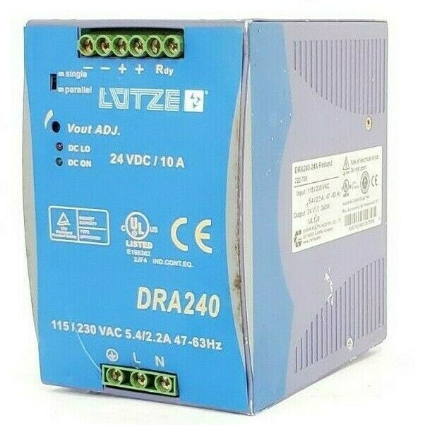 LUTZE DRA240-24A POWER SUPPLY 24VDC 240W 10AMP OUTPUT 722-781 DRA24024A
