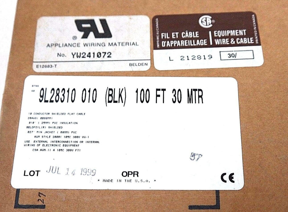 BELDEN 9L28310 010 100 FT 5.200 LB BLACK E 10 #28 PVC FS PVC RIBBON 9L28310 NIB