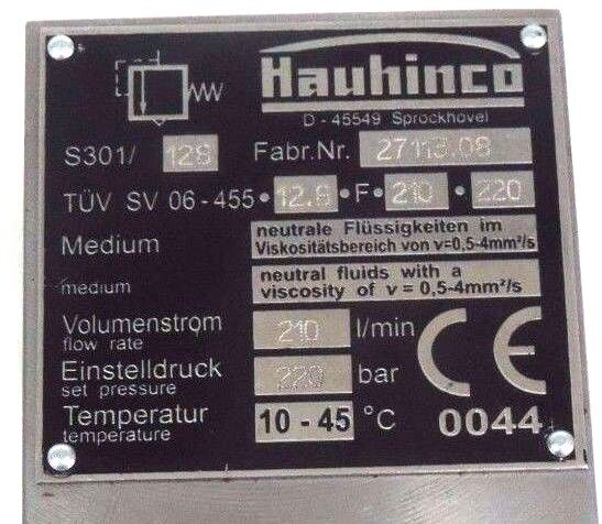 HAUHINCO S301/128 HYDRAULIC VALVE FAB 27113.08 TUV SV 06-455-12.8-F-210-220 NEW