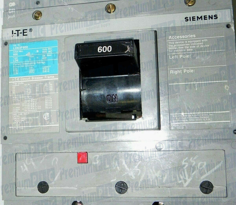 SIEMENS LD63F600 I-T-E CIRCUIT BREAKER 600 AMP 3 POLE W/TRIP *NOT WORKING*