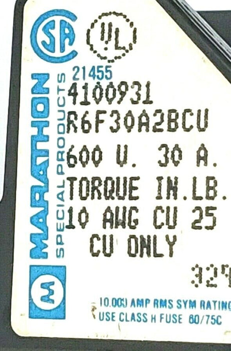LOT OF 2 MARATHON 4100931 R6F30A2BCU FUSE HOLDERS, 600V, 30A