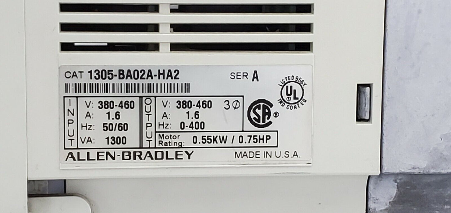 ALLEN-BRADLEY 1305-BA02A-HA2 SER. A VARIABLE FREQUENCY AC DRIVE W/ 1201-HA2