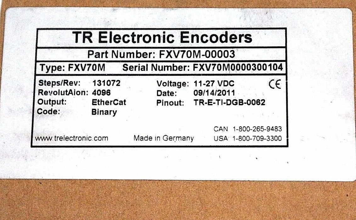 TR ELECTRONIC FXV70M-00003 ENCODER 11-27 VDC TYPE: FXV70M 85-416-038 NIB