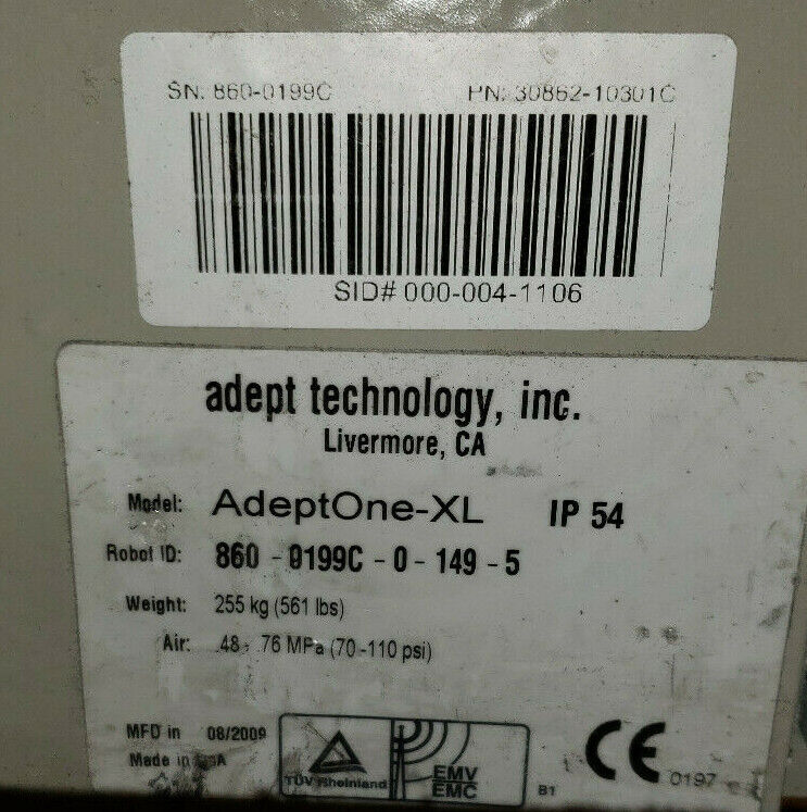 ADEPT TECHNOLOGY ADEPTONE-XL ROBOT 860-0199C-0-149-5, 30862-10301, 308062-10301C