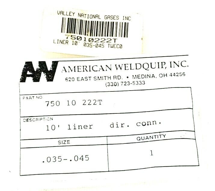 NEW AMERICAN WELDQUIP 750-10-222T 10' DIRECT CONNECT LINER .035-.045 75010222T