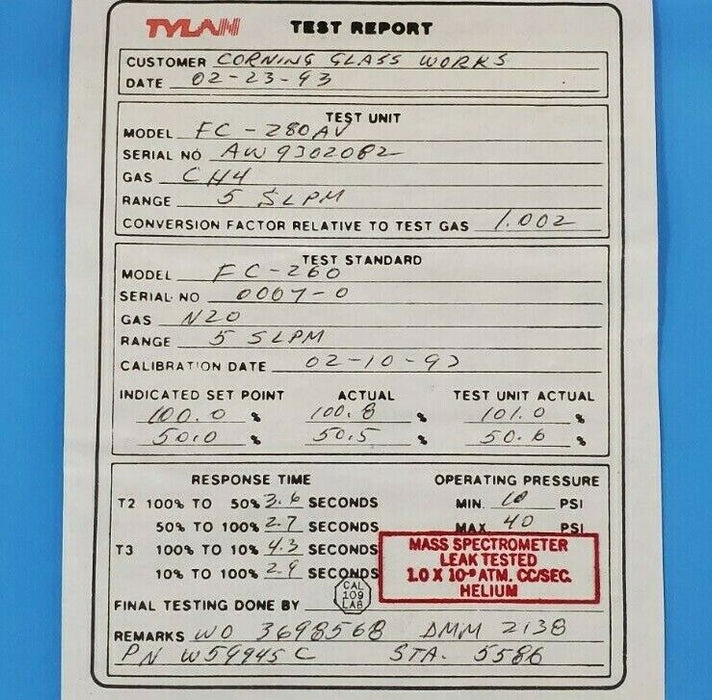 NEW TYLAN MILLIPORE FC-280AV-4S MASS FLOW CONTROLLER MODEL FC-280 10 SLPM 02