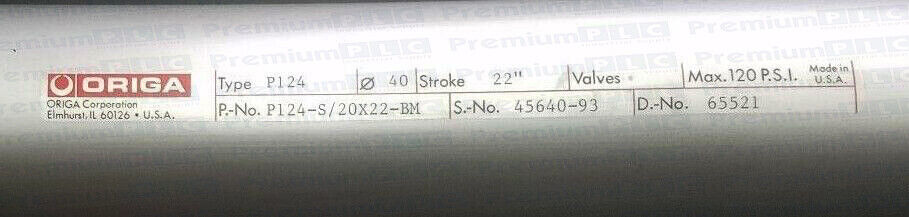PARKER ORIGA P124-S/20X22-BM RODLESS CYLINDER 22" STROKE, 120PSI, Ø 40 NEW