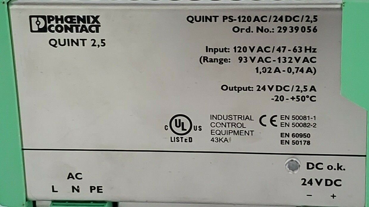 PHOENIX CONTACT QUINT-PS-120AC/24DC/2.5 POWER SUPPLY ORD. NO.: 2939056