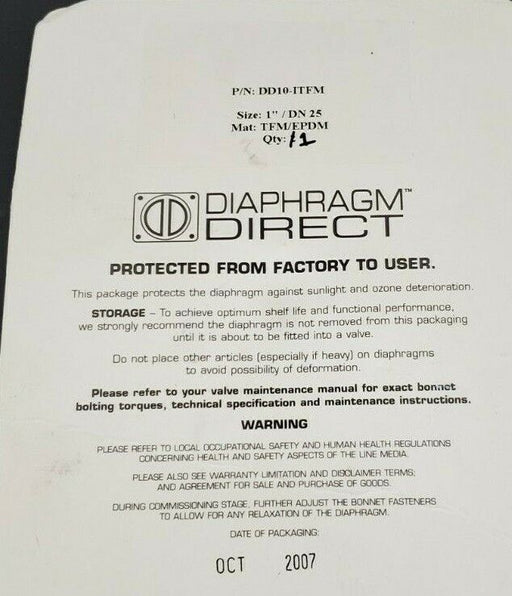 NEW DIAPHRAGM DIRECT P/N: DD10-ITFM SIZE: 1'' / DN 25 MAT: TFM/EPDM DIAPHRAGM