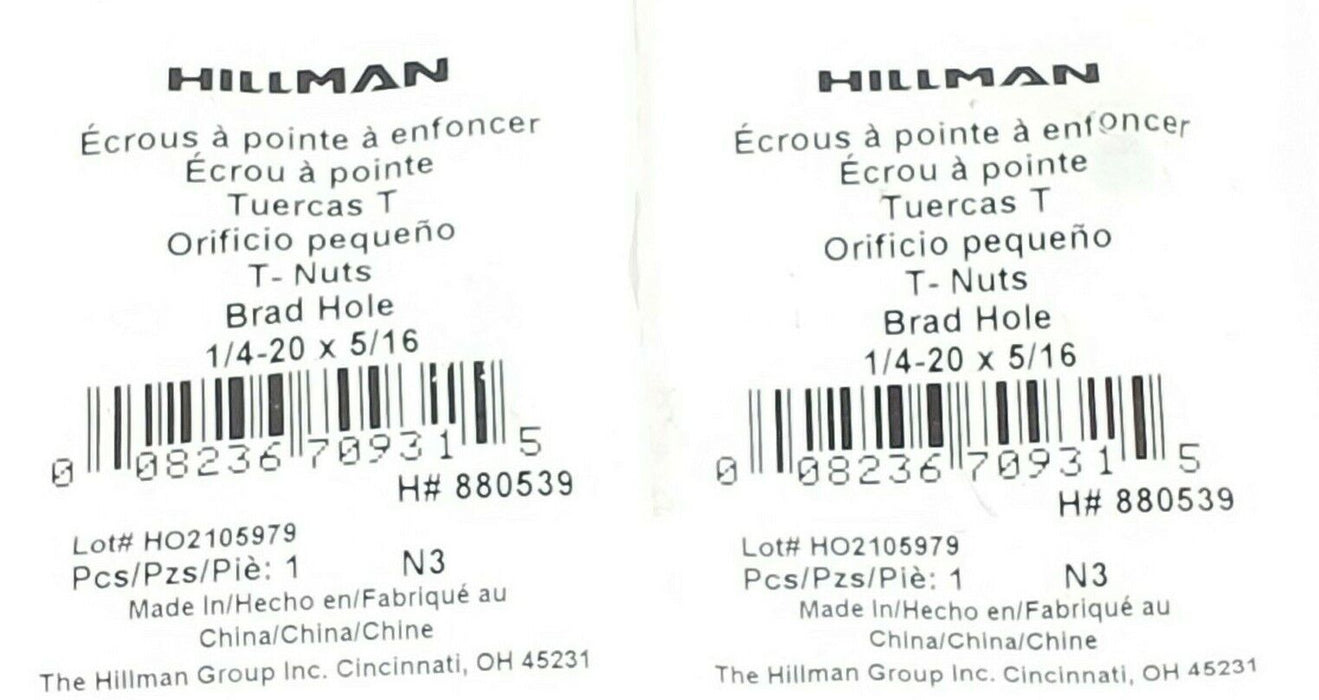 LOT OF 2 NEW HILLMAN T-NUTS BRAD HOLE 1/4-20 X 5/16, H# 880539
