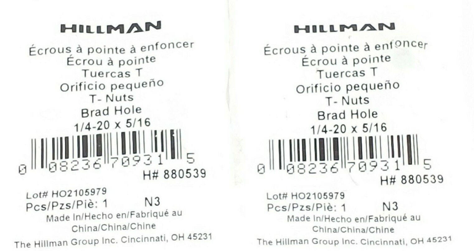 LOT OF 2 NEW HILLMAN T-NUTS BRAD HOLE 1/4-20 X 5/16, H# 880539