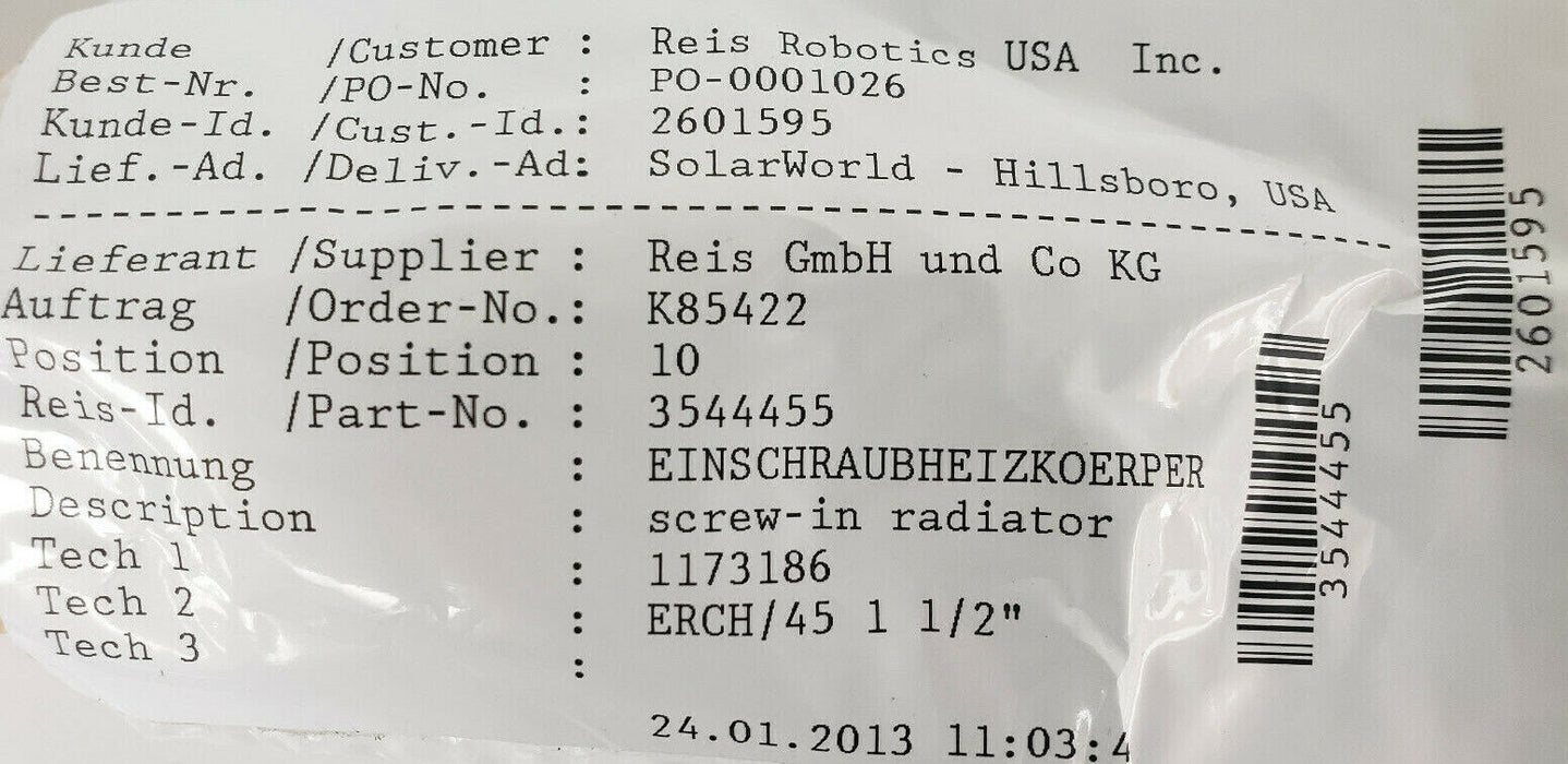 NEW SHNIEWINDT REIS ERCH/45 SCREW-IN RADIATOR HEATER 480V, 5000W, IP65, 3544455