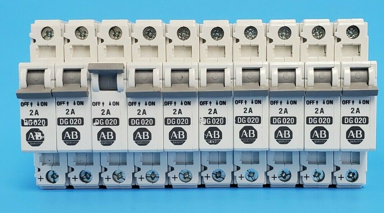 LOT OF 10 ALLEN BRADLEY 1492CB1DG020 CIRCUIT BREAKERS, 1492-CB1-DG-020, 2A, 1P