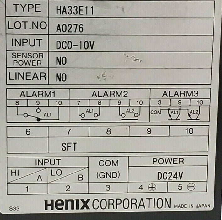 HENIX CORP. HA33E11 TEMPERATURE CONTROLLER INPUT: DC0-10V