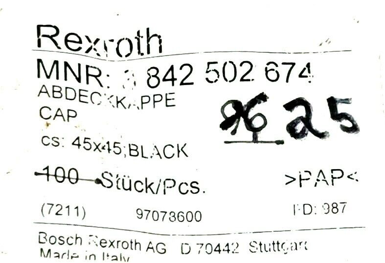 LOT OF 25 NEW BOSCH REXROTH 842502674 COVER CAPS 45X45MM BLACK 842-502-674