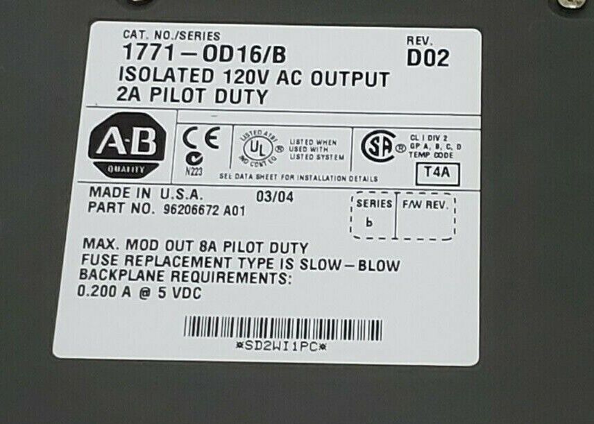 ALLEN-BRADLEY 1771-OD16 SER. B ISOLATED 120V AC OUPUT MODULE 1771-OD16/B REV D02