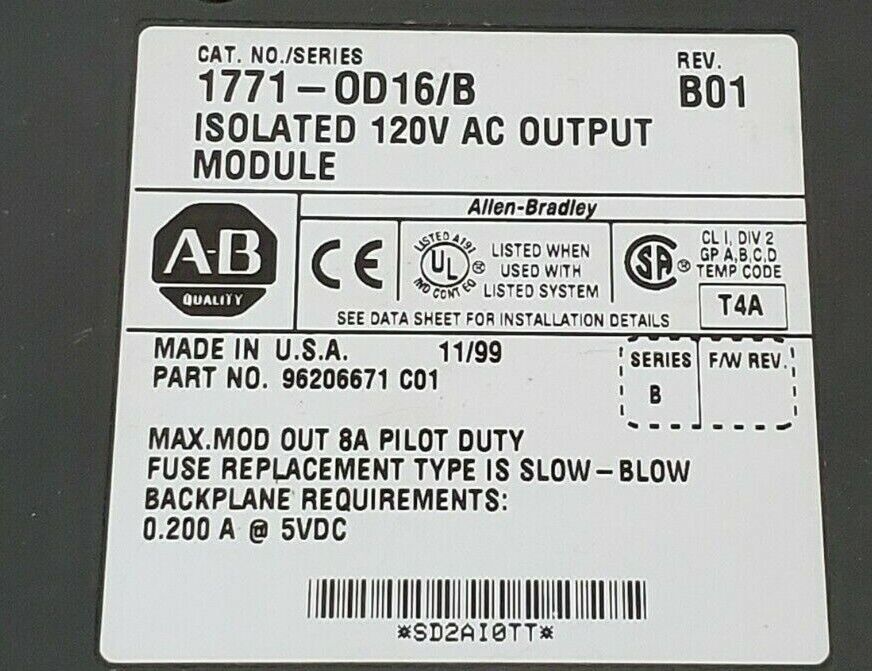 ALLEN-BRADLEY 1771-OD16 SER. B ISOLATED 120V AC OUPUT MODULE 1771-OD16/B REV B01