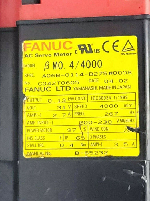 FANUC A06B-0114-B275#0008 AC SERVO MOTOR BM0.4/4000 SPEEP 4000 FREQ. 267