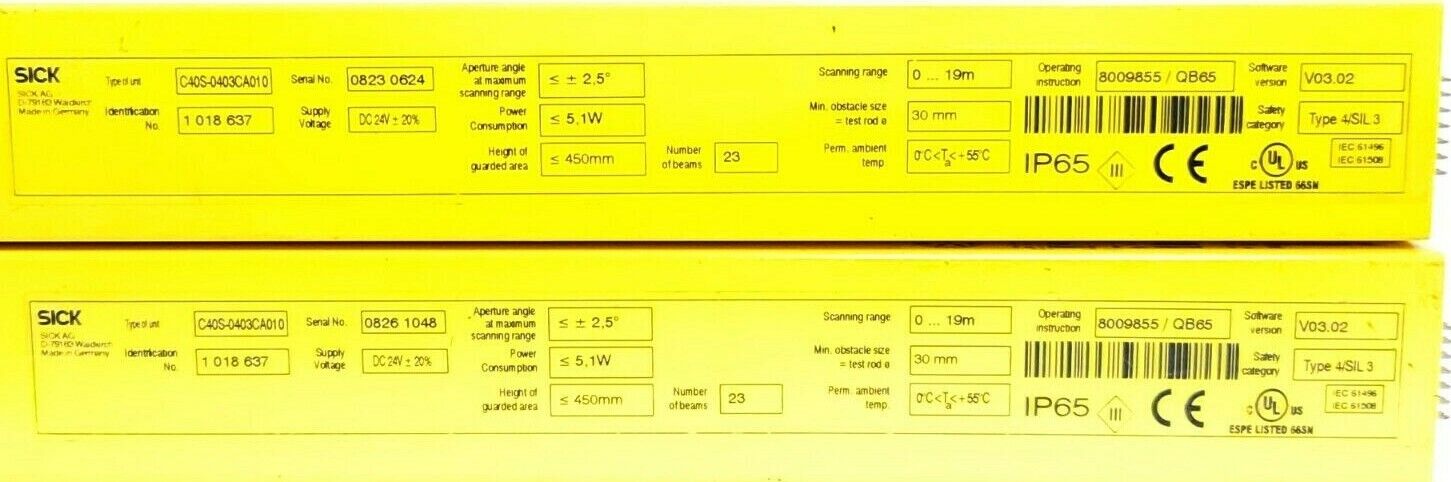 LOT OF 2 SICK C4000 SAFETY LIGHT CURTAINS C40S-0403CA010 RANGE: 0...19M