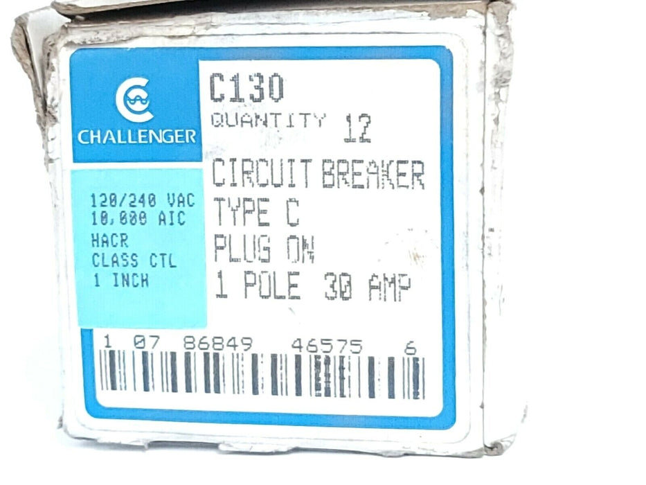 BOX OF 11 NEW CHALLENGER C130 CIRCUIT BREAKERS TYPE C 1P, 30A