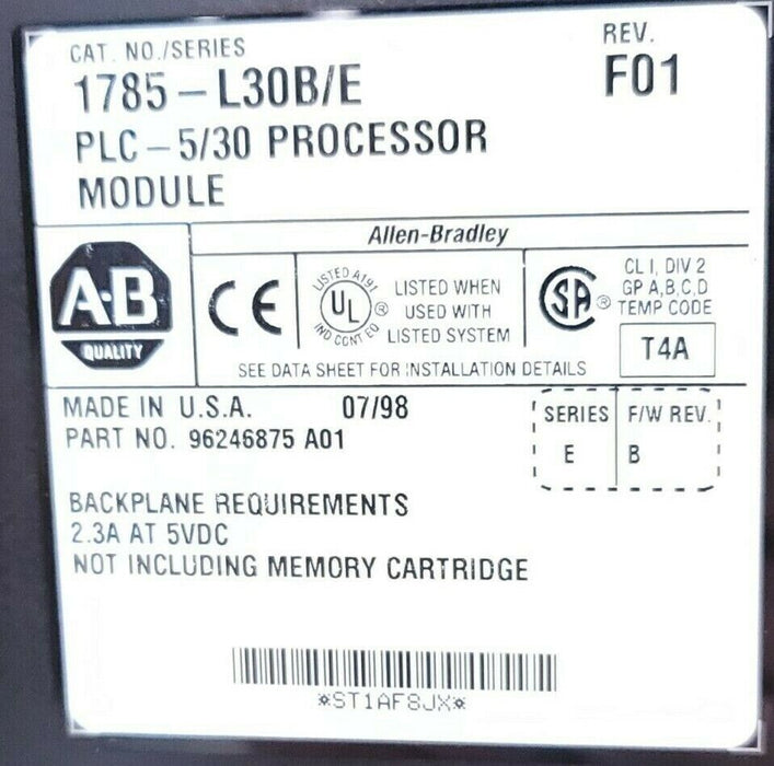 ALLEN BRADLEY 1785-L30B/E PROCESSOR MODULE 1785-L30B SER. E REV. F01 F/W REV. B