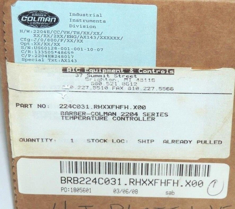 NIB BARBER-COLMAN 224C031.RHXXFHFH.X00 TEMPERATURE CONTROLLER 2204 SERIES