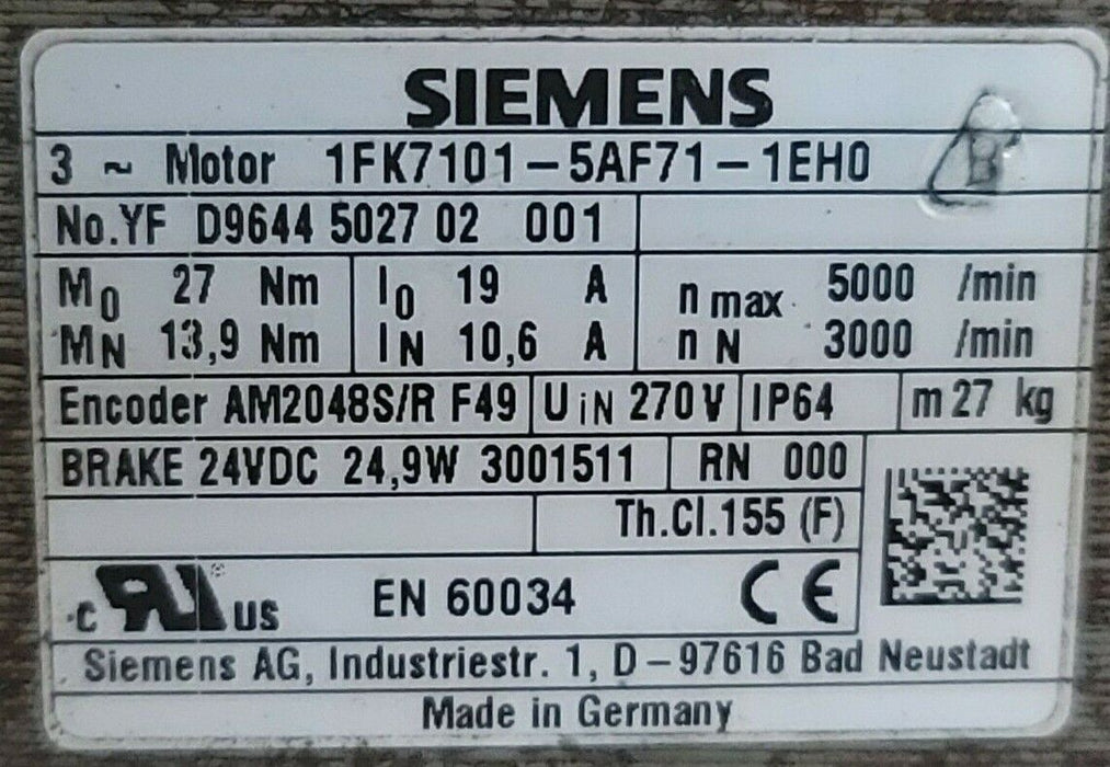 SIEMENS 1FK7101-5AF71-1EH0 SERVO MOTOR ENCODER AM2048S/R F49 BRAKE 24VDC