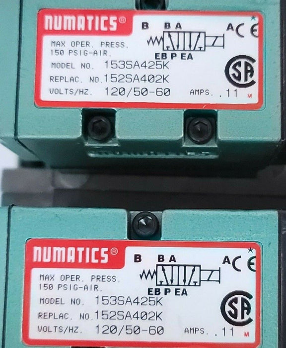 LOT OF 2 NUMATICS 153SA425K SOLENOID VALVES W/ HH-1FLEXIBLOKS 120V 50/60HZ