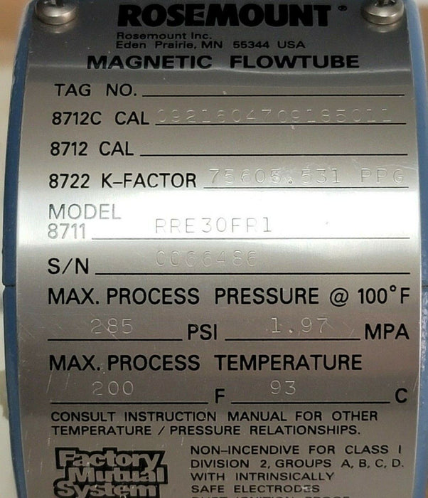 NIB ROSEMOUNT 8711RRE30FR1 MAGNETIC FLOWTUBE 285PSI 1.97MPA, 8711-3005-0001