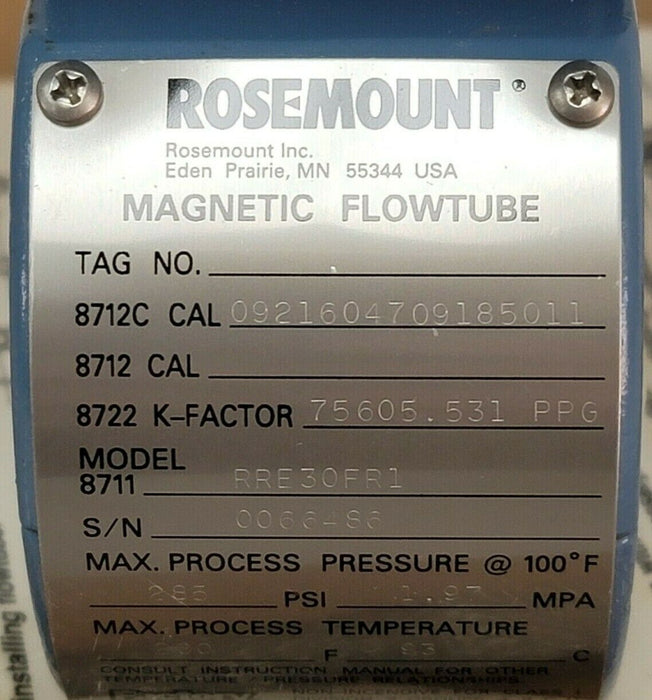 NIB ROSEMOUNT 8711RRE30FR1 MAGNETIC FLOWTUBE 285PSI 1.97MPA, 8711-3005-0001
