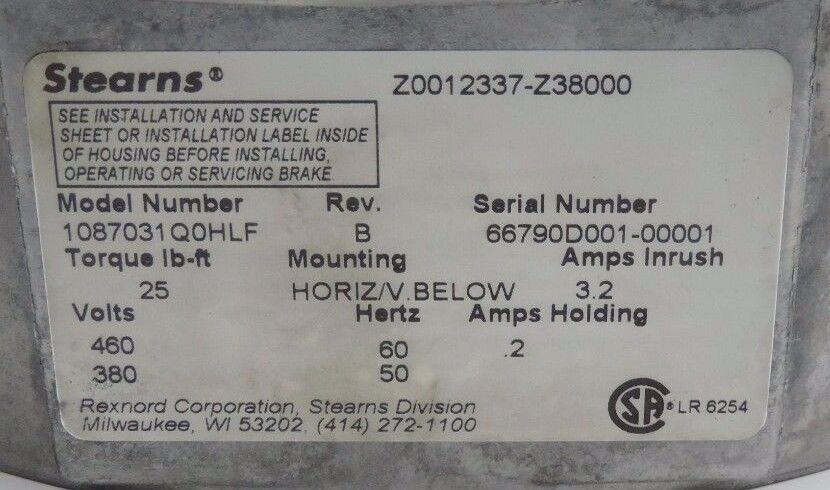 REXNORD STEARNS 1087031Q0HLF REV. B 87000 BRAKE ASSY-INT 25 LB-FT 380/460V NSMP