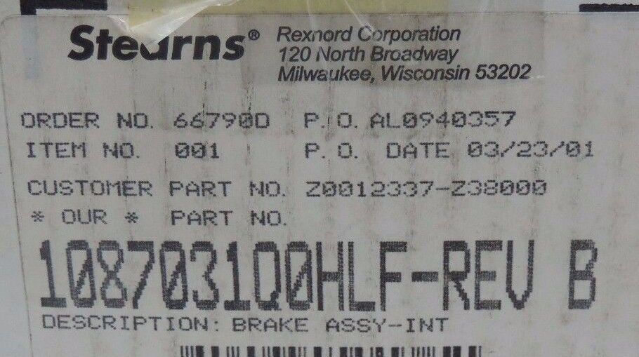 REXNORD STEARNS 1087031Q0HLF REV. B 87000 BRAKE ASSY-INT 25 LB-FT 380/460V NSMP
