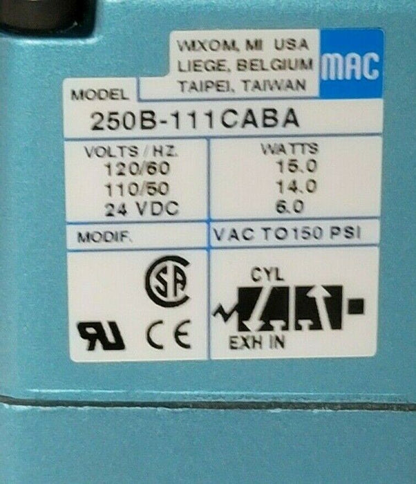 NIB MAC 250B-111CABA SOLENOID VALVE 250B111CABA 24VDC 150PSI