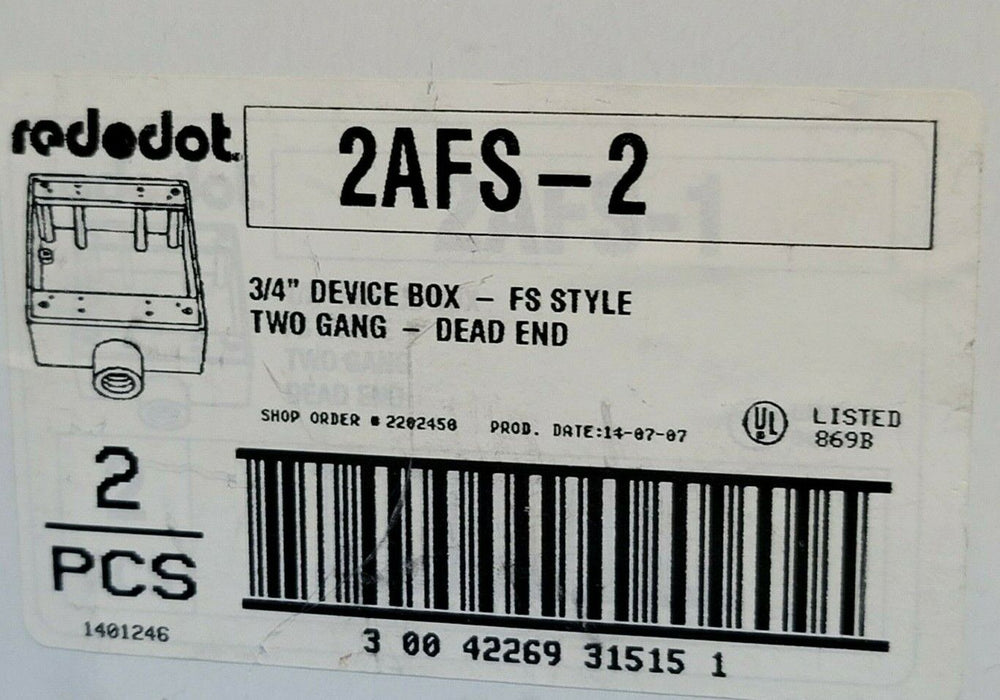 NIB ABB RED DOT 2AFS-2 DEVICE BOX 3/4'' FS STYLE TWO GANG DEAD END