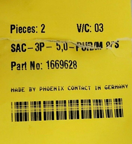 BAG OF 2 PHOENIX CONTACT SAC-3P- 5,0-PUR/M 8FS CABLES P/N: 1669628