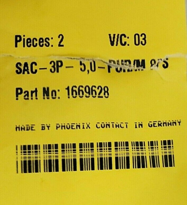 BAG OF 2 PHOENIX CONTACT SAC-3P- 5,0-PUR/M 8FS CABLES P/N: 1669628