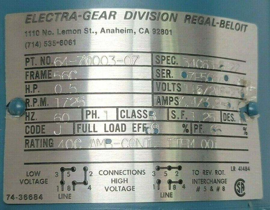 ELECTRA-GEAR 64-70003-07 FRAME 56C H.P. 0.5 RPM: 1725 W/ 17RLSC5 RATIO: 12.5/1