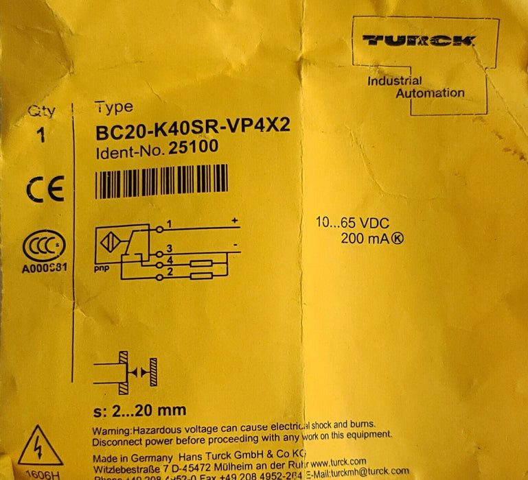 NEW TURCK BC20-K40SR-VP4X2-B1141 / BC20K40SRVP4X2B1141 PROXIMITY SENSOR 25100