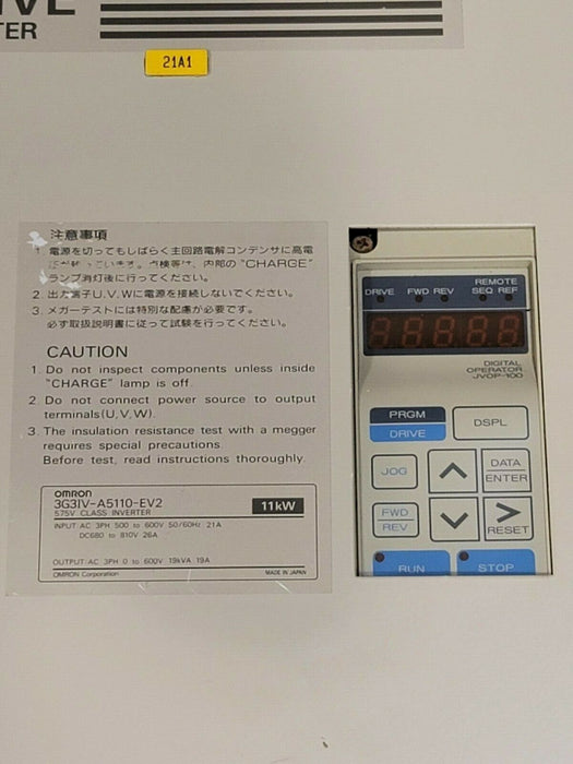 OMRON CIMR-G3U5011 SYSDRIVE 3G3IV INVERTER 3-PHASE AMPS: 21 W/ JVOP-100