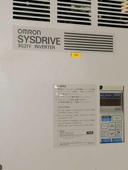 OMRON CIMR-G3U5011 SYSDRIVE 3G3IV INVERTER 3-PHASE AMPS: 21 W/ JVOP-100