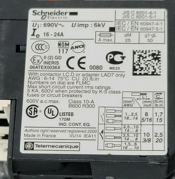 SCHNEIDER ELECTRIC LRD22 THERMAL OVERLOAD RELAY LRD 22 16/24 AMP 3P