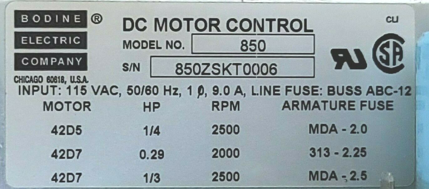 BODINE ELECTRIC CO. MODEL: 850 DC MOTOR CONTROL INPUT: 115 VAC, 50/60HZ 9.0A