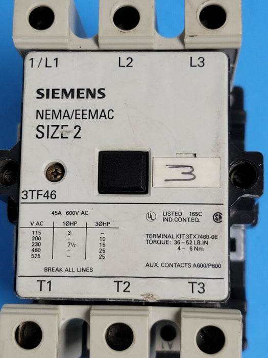 SIEMENS 3TF4622-0AK61 SIZE 2 CONTACTOR NON-REVERSING 110/120VAC 50/60HZ