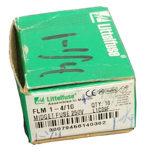 BOX OF 9 NEW LITTELFUSE FLM1-4/10 MIDGET FUSES 250V, FLM 1-4/10