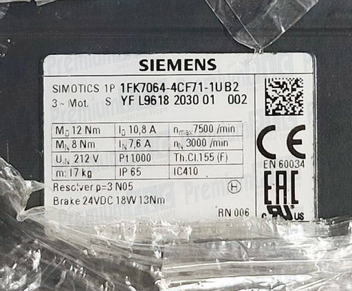 NEW SIEMENS 1FK7064-4CF71-1UB2 SIMOTICS S SERVO MOTOR FOR SINAMICS S120 W/O BOX