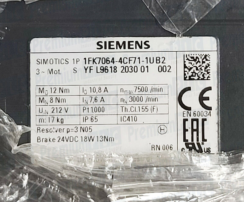 NEW SIEMENS 1FK7064-4CF71-1UB2 SIMOTICS S SERVO MOTOR FOR SINAMICS S120 W/O BOX