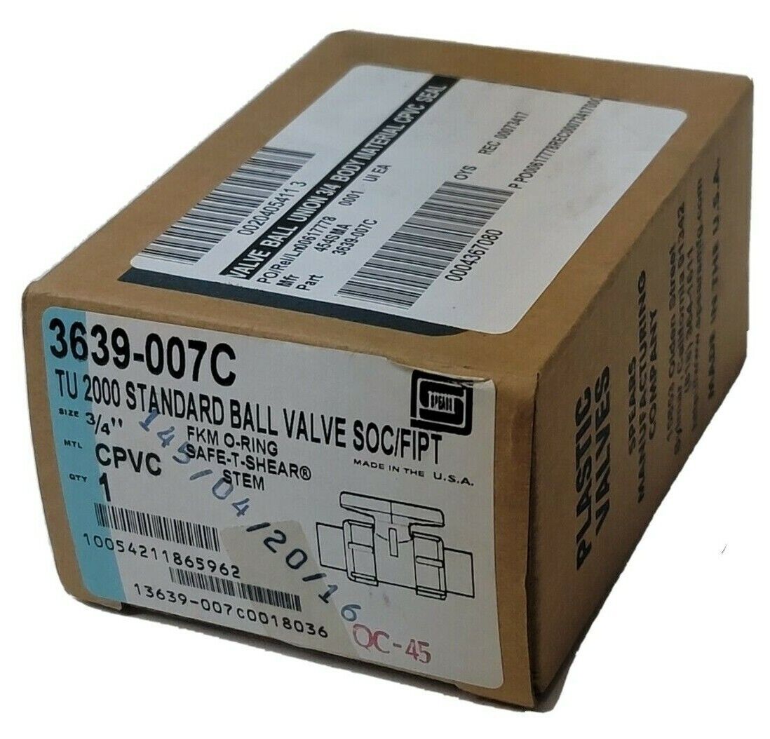 NIB SPEARS 3639-007C TU 2000 STANDARD BALL VALVE SOC/FIPT 3/4'' CPVC