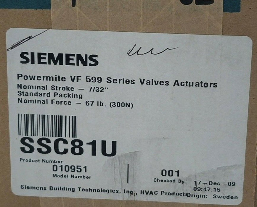 NIB SIEMENS SSC81U POWERMITE VF 599 SERIES VALVE ACTUATOR STROKE 7/32''
